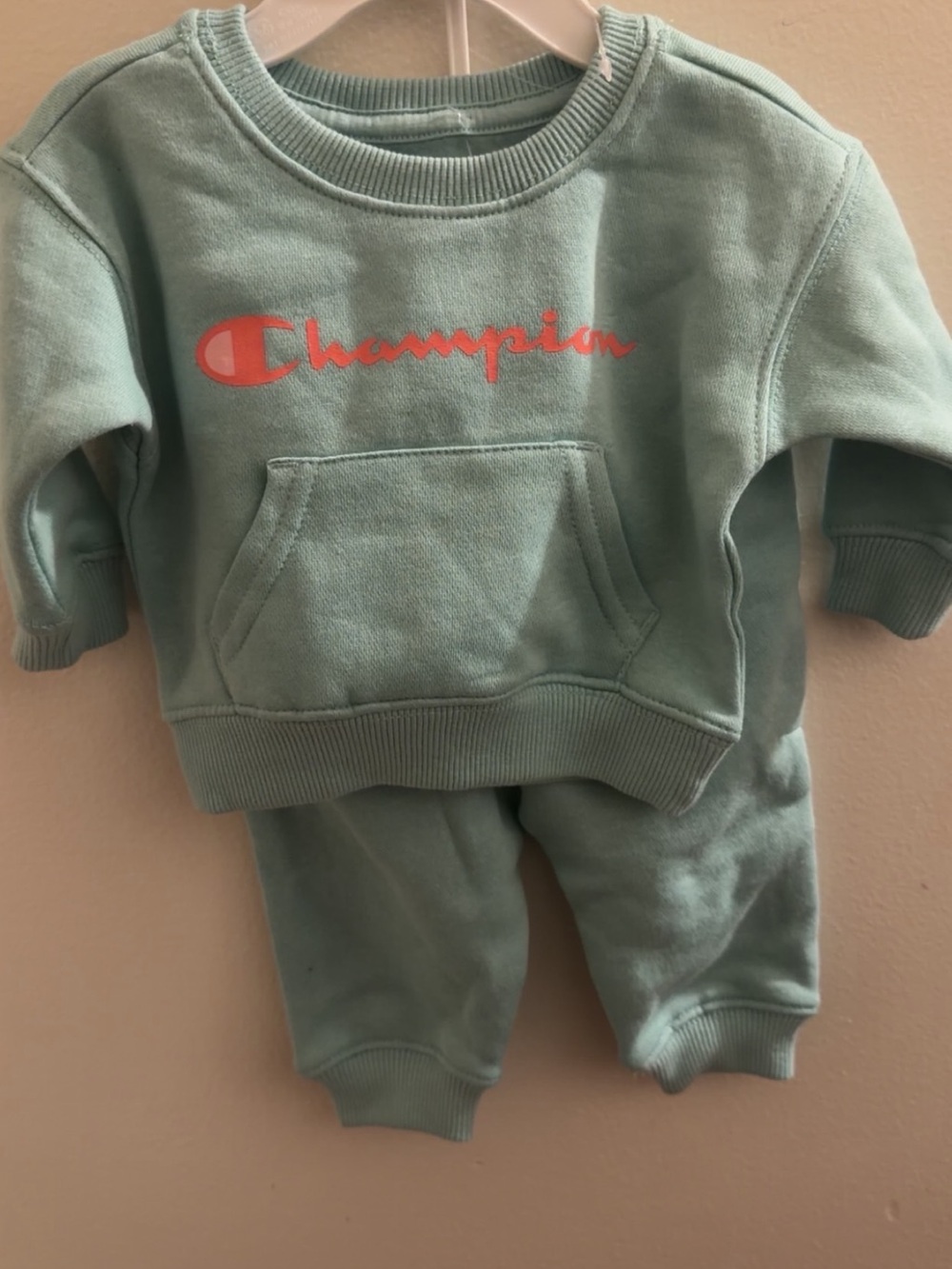 Champion Kids Mint Green Sweatshirt and Joggers with Coral Logo